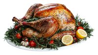 Roasted whole turkey garnished with fresh rosemary, cherry tomatoes, garlic, and lemon slices served on white platter, golden brown crispy skin for holiday dinner.