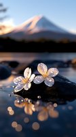 Delicate cherry blossoms with water droplets rest on dark stone by mountain lake at sunrise, creating magical bokeh reflections in calm water with snow-capped peak backdrop.