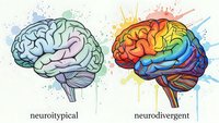 Neurotypical and neurodivergent brain comparison with colorful watercolor splashes showing cognitive diversity and mental health awareness concept.