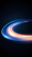 Glowing spiral light trails in blue and orange colors against dark background create dynamic motion effect for technology and innovation concepts.