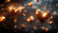 Glowing golden hearts floating in dark space with magical sparkles and bokeh lights creating romantic atmospheric Valentine's day background.