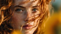 Young redhead woman with freckles and curly hair in golden sunlight, natural beauty portrait with warm lighting for lifestyle and wellness content.