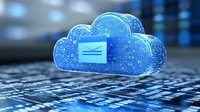 Glowing blue digital cloud with binary code and document icon floating over circuit board background represents cloud computing and data storage technology.