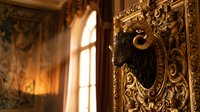 Ornate golden frame with decorative carved details and dark panel insert, sunlight streaming through window creating warm ambient lighting in luxurious interior setting for design, decor, and architectural projects.