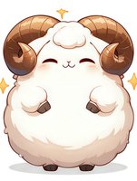 Adorable round sheep with large curled horns and kawaii smile expression on white background, sparkling stars accent. Cartoon style character for stickers and children designs.