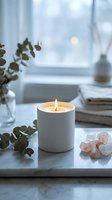 Minimalist white candle burning on marble surface with eucalyptus branches and healing crystals creating serene spa atmosphere for wellness and relaxation.