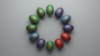 Colorful decorated Easter eggs arranged in circle on white background. Traditional holiday ornaments with golden patterns for spring celebration.