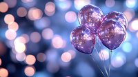 Shiny pink metallic balloons floating against blurred bokeh lights background in blue and purple tones, creating magical festive atmosphere for celebration events.