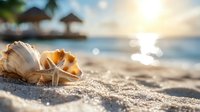 Seashells and starfish on sandy beach at sunset with tropical resort bungalows in background. Perfect for vacation and travel marketing materials.