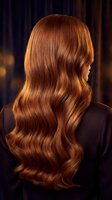 Luxurious copper red wavy hair with glossy shine and flowing waves viewed from behind in warm salon lighting for beauty and haircare concepts.