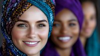 Diverse group of women wearing colorful headscarves smiling at camera, representing unity, friendship and cultural diversity in modern society.