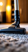 Close-up view of vacuum cleaner head on carpet with scattered debris and warm bokeh lights in background, showing cleaning process in modern home interior.