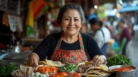 Smiling mature Hispanic woman vendor in traditional apron preparing fresh Mexican food at market stall with colorful ingredients and authentic dishes spread on counter.
