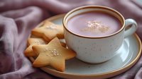 Creamy hot chocolate sprinkled with cocoa powder in ceramic cup, served with homemade star-shaped butter cookies on pink plate. Cozy winter drink setup.