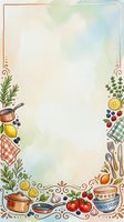 Watercolor kitchen frame with cookware, herbs, fruits and vegetables, copy space in center for recipe cards, menus or food blog designs.