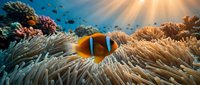 Clownfish with orange and white stripes nestled among beige anemone tentacles in shallow tropical waters, sunlight filtering through blue ocean surface above.