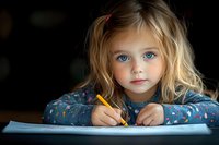 Young Caucasian girl with bright blue eyes and blonde hair wearing polka dot shirt concentrates on writing or drawing, captured in soft natural lighting with dark background.