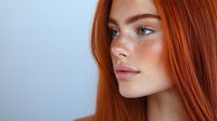 Young woman with long red hair and freckles looking away against light blue background, suitable for beauty, lifestyle and portrait projects.