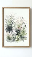 Watercolor botanical illustration featuring wild grasses, ferns and purple flowers in natural arrangement, framed artwork for home decor and interior design.