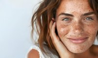 Close up portrait of young woman with natural freckles and brown hair smiling warmly against white background, showcasing natural beauty and authentic expression.