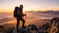 Male hiker with backpack and trekking pole standing on mountain peak at sunrise, overlooking misty valley landscape below during outdoor adventure expedition.