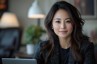 Professional Asian businesswoman in elegant blazer working at modern office desk with laptop for corporate marketing and career success content.