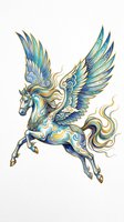 Ornate winged horse with blue and gold decorative patterns, isolated on transparent background. Ready for t-shirts, stickers, clipart, sublimation, and print-on-demand designs.