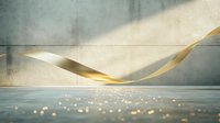 Elegant golden ribbon floating with sparkles against concrete wall and floor, dramatic lighting creates modern minimalist luxury atmosphere.
