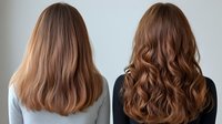 Young Caucasian women showing before and after hair transformation with wavy brown hair styling results from behind on white background.