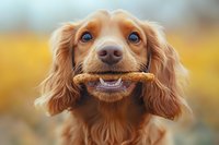 Playful cocker spaniel puppy with bright blue eyes holding treat stick in mouth against autumn background, close up portrait showing happy expression and golden fur.
