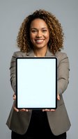 Young woman with curly brown hair and mixed ethnicity wearing beige blazer holding blank tablet with white screen for app mockup or advertisement display.