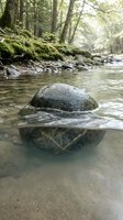 Smooth granite boulder partially submerged in calm forest stream with moss-covered banks and dappled sunlight filtering through woodland canopy.