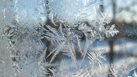 Intricate frost patterns create delicate crystalline formations on winter window glass with blurred outdoor scenery in soft focus background.
