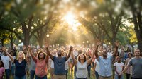 Diverse group of adults raising hands together in a sunlit park, celebrating unity and community joy outdoors.