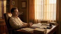 Middle-aged Caucasian businessman in beige suit sitting at wooden desk in warm office interior with golden sunlight streaming through window curtains.