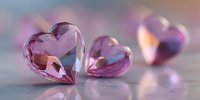 Pink crystal hearts on reflective surface with soft bokeh background, romantic concept for Valentine's Day or anniversary celebrations.