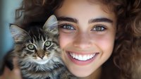 Happy young woman with curly hair smiling while holding adorable tabby kitten with green eyes. Pet adoption and companionship concept for lifestyle content.