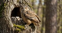 Great horned owl family with chicks in tree hollow nest cavity during spring nesting season in natural forest habitat.