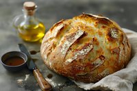 Freshly baked crusty artisan sourdough bread loaf with golden brown crust on rustic background, served with olive oil and salt. Food photography styling.
