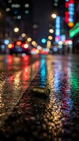 Spent bullet casing lies on wet urban street at night with colorful neon lights and bokeh reflections, suitable for crime scene, noir, and gritty city concepts.