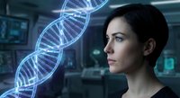 Young Caucasian female scientist examining glowing DNA double helix hologram in modern laboratory for genetic research and biotechnology applications.
