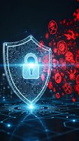 Digital shield with padlock protecting against red virus threats and malware attacks on dark cyber background.
