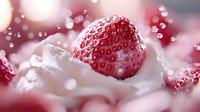 Fresh ripe strawberry nestled in soft whipped cream with dreamy pink bokeh background and water droplets creating luxurious dessert atmosphere.
