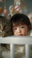 Adorable Asian toddler girl cuddling with tabby kitten in cozy home setting. Sweet childhood moment showing bond between child and pet for family content.