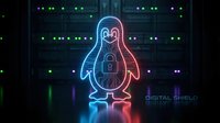 Neon penguin with cybersecurity lock symbol glowing in blue and red lights against dark digital background with circuit patterns and green data points.
