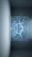 Glowing holographic energy portal inside a transparent cube, with neon blue and purple light particles in a dark futuristic room.