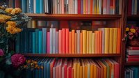 Colorful bookshelf with rainbow-arranged books creating vibrant display, flanked by dried flower arrangements in cozy home library setting.