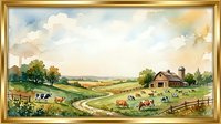 Pastoral farmland landscape with grazing cattle, red barn, and rolling fields under cloudy sky. Watercolor countryside scene suitable for home decor, agricultural themes, and rustic design projects.