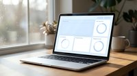 Modern laptop displaying business analytics dashboard with charts and graphs on wooden desk in bright office workspace for data analysis and reporting.