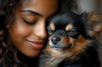 Young African American woman with curly hair sharing tender moment with black and tan Chihuahua dog, both with eyes closed in peaceful expression.